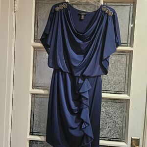 R&M Richards Navy Mini Dress with Embellished Shoulders